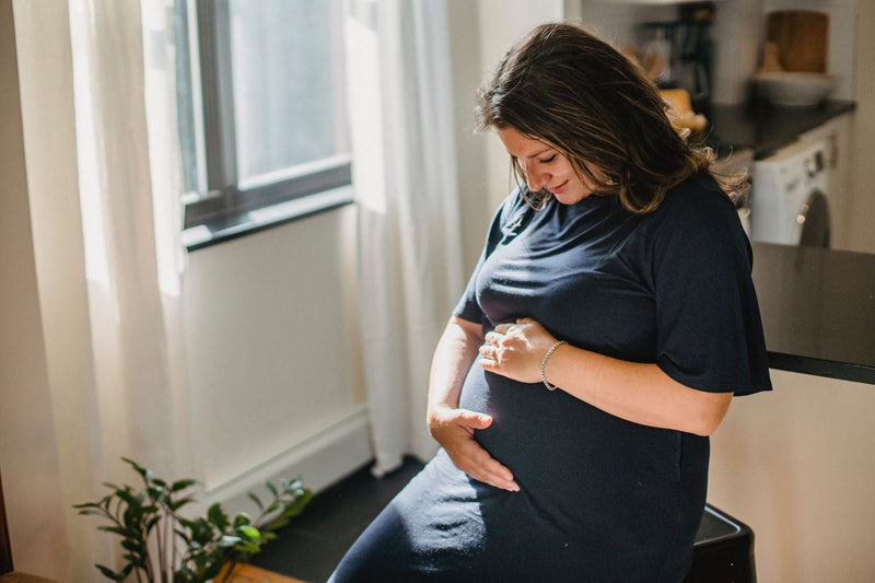 A pregnant woman in a soft navy dress sitting calmly by a bright window, one hand resting gently on her belly.