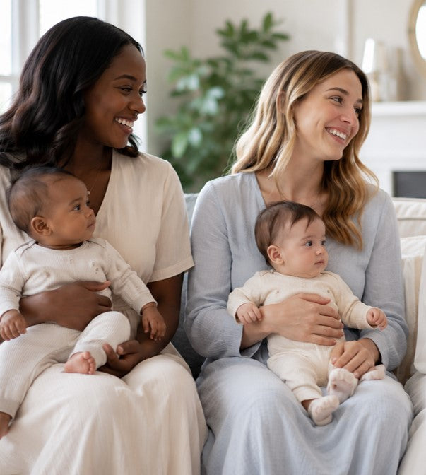 Mothers with babies relaxing on a couch